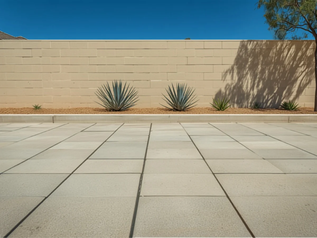 Large light gray concrete slab pavers laid in a square grid with wide open joints and an exposed aggregate face