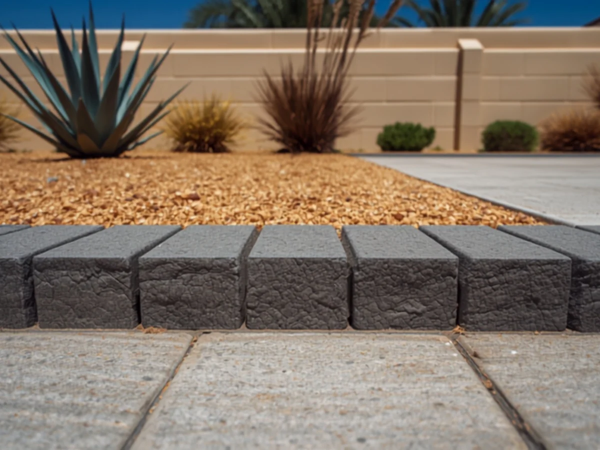 Charcoal split-face border course set end to end along the edge of a pale concrete paver field, against a gravel planting bed