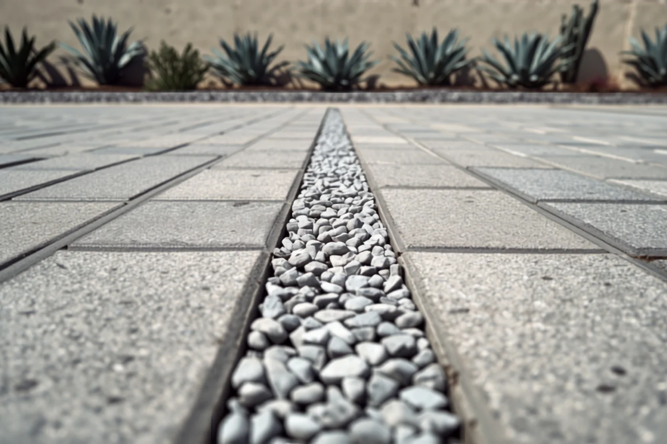 A wide open joint filled with washed rock running through a field of pale gray concrete pavers