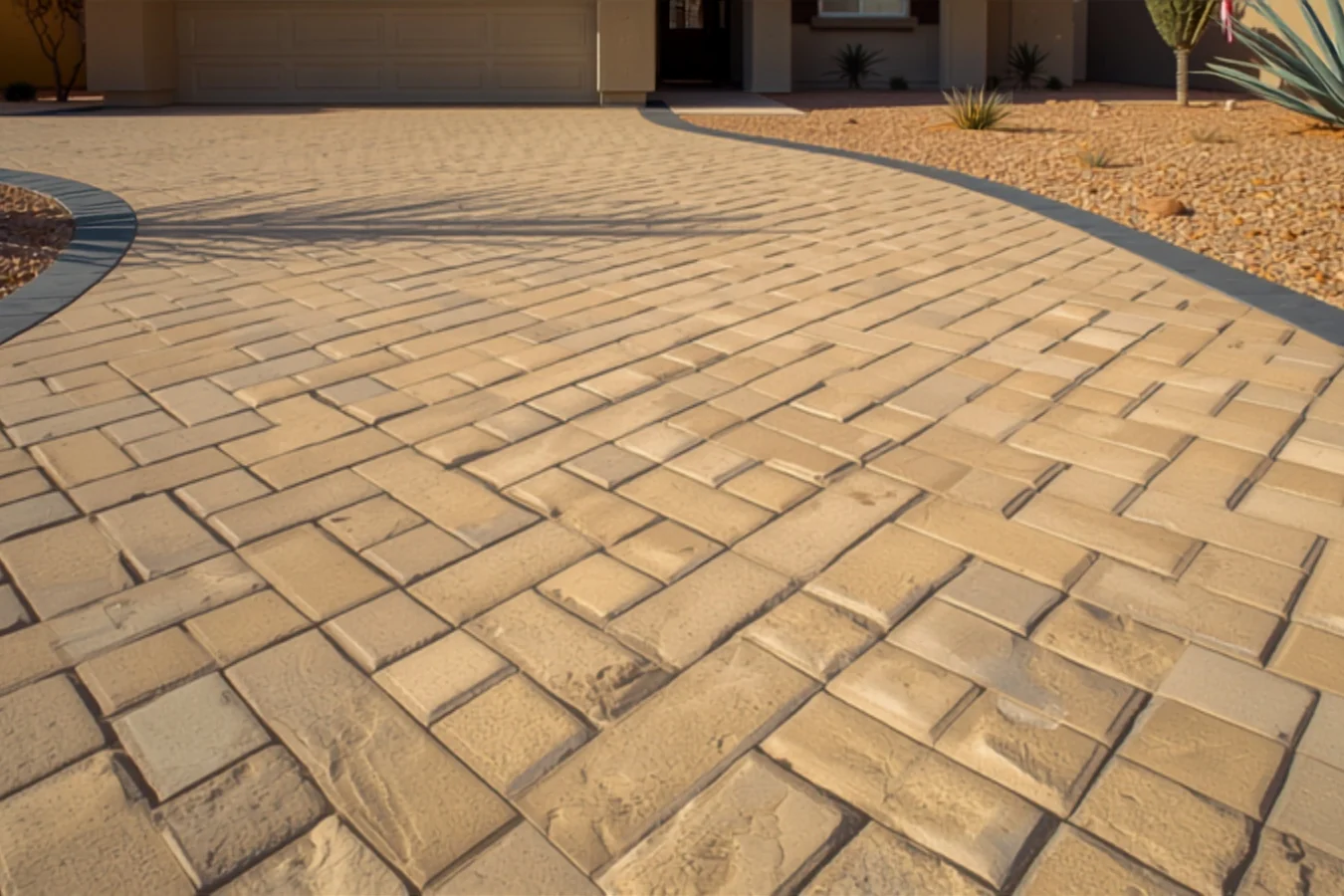 Buff concrete pavers laid in an interlocking herringbone field across a driveway, with a charcoal border course along the edge