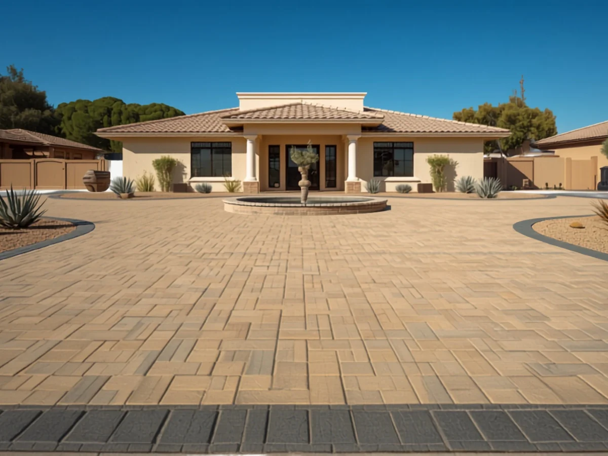 Wide buff paver driveway in a random modular layout opening into a turnaround, with a charcoal border course and gravel beds of agave