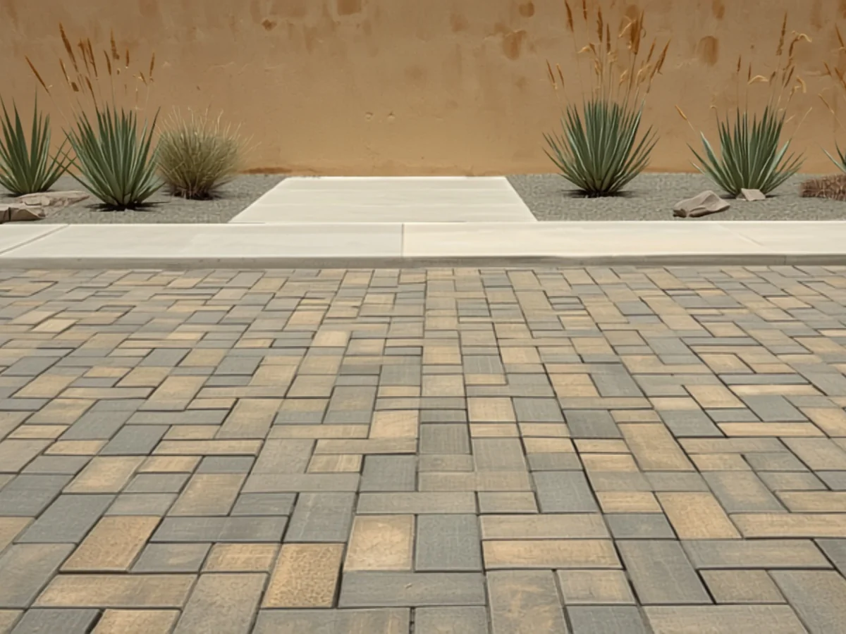 Mixed tan and slate concrete pavers meeting a poured concrete band along one straight cut edge
