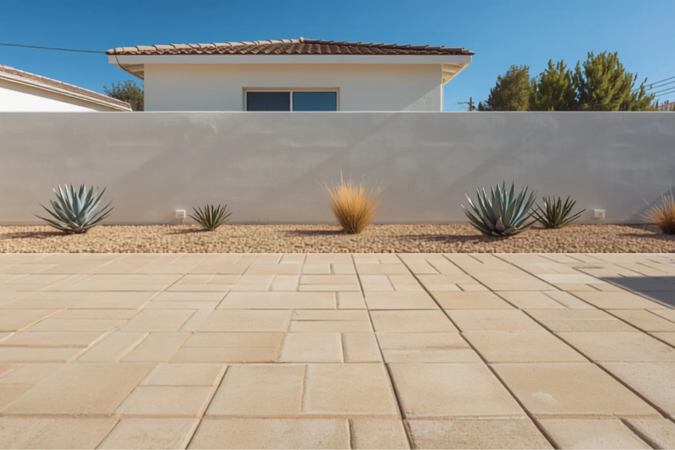 Sand toned paver patio in a modular layout of mixed rectangular sizes, edged against a gravel and agave planting bed