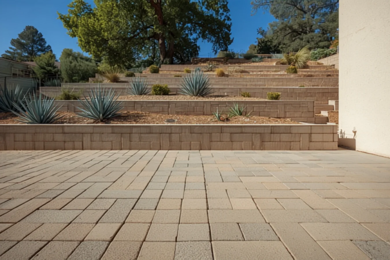 Level paver patio cut into a slope, with low retaining walls and planted terraces rising behind it