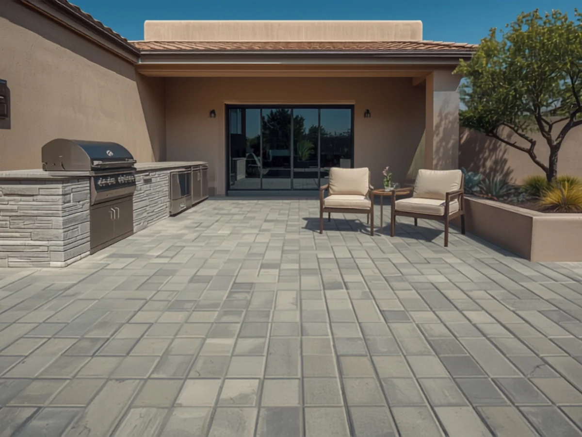 Gray concrete paver patio with a stone clad outdoor kitchen counter run and a seating area beside a stucco house