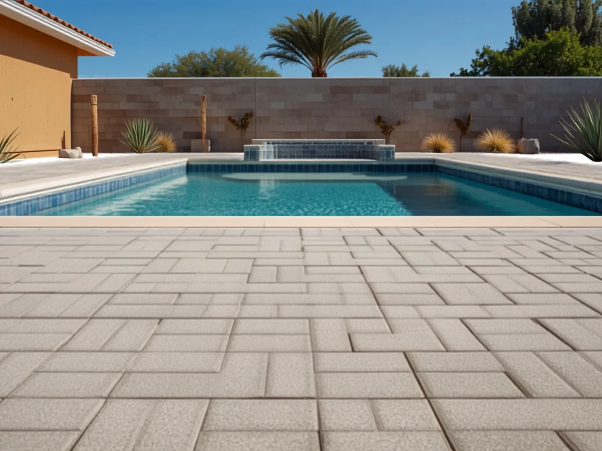 Pale sand concrete paver pool deck running to the coping of a rectangular swimming pool