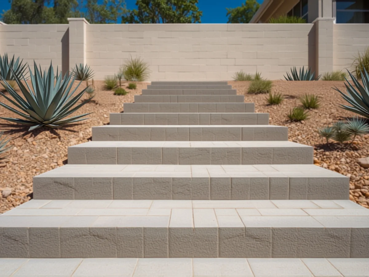 Concrete paver steps climbing a planted slope, with square cut units in a staggered bond and agave on both sides