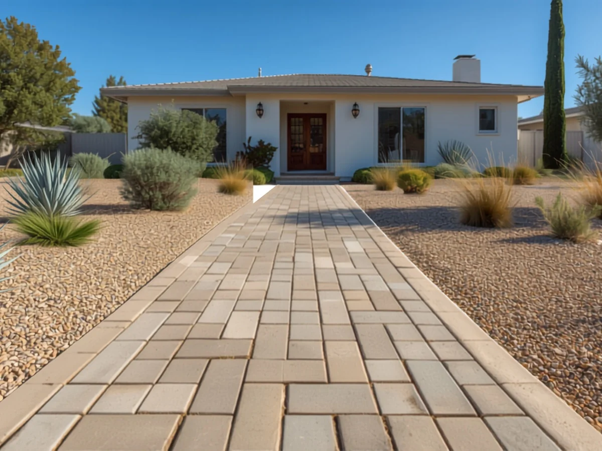 Paver walkway in a mixed modular layout with a plain border strip on both edges, running straight between gravel and agave beds to a house entry