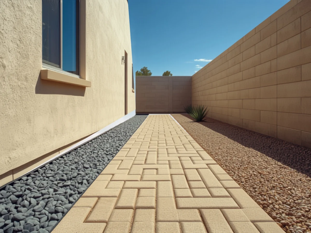 Narrow side yard paver walkway with a gravel drainage strip running alongside it between a house wall and a block wall